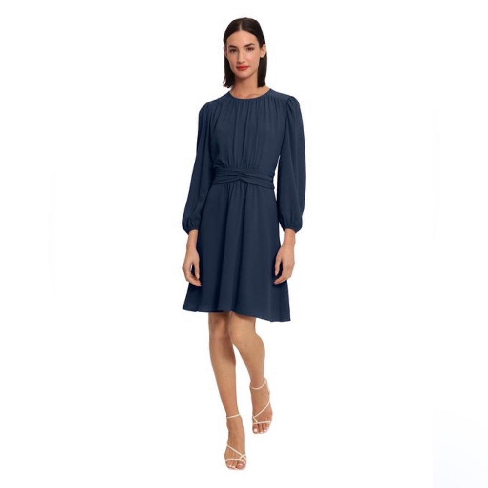 Navy Ruched Waist Fit & Flare Dress